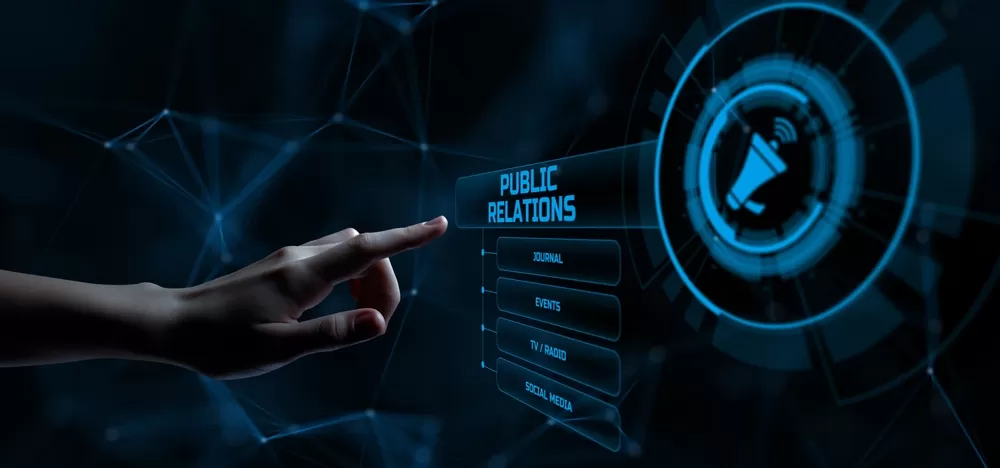 Pr,Public,Relations,Advertising,Advertisement.,Hand,Pressing,Button,On,Screen.