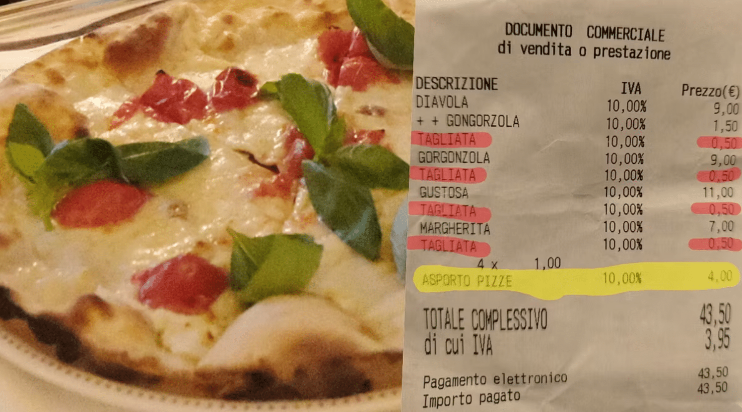 Supplemento pizza asporto tagliata polemica Trentino