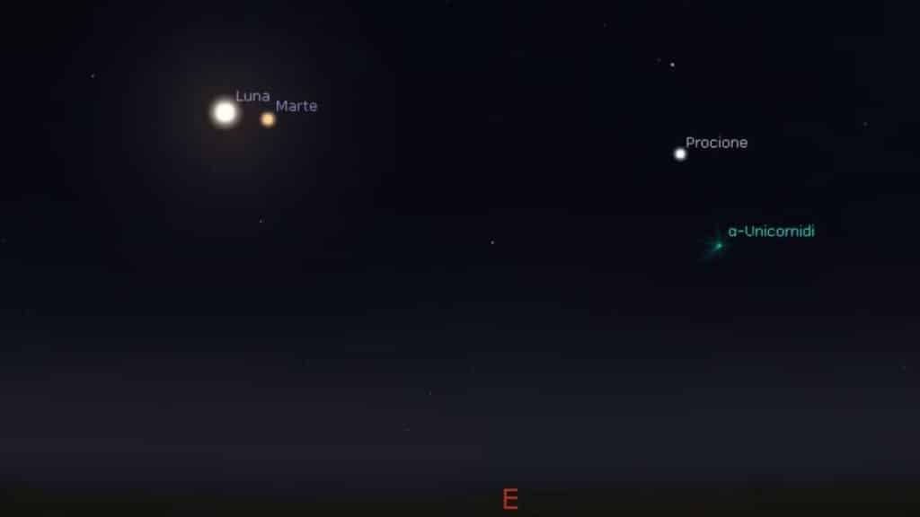 Simulazione della congiunzione astrale tra Luna e Marte del 20 novembre 2024. Credit: Stellarium