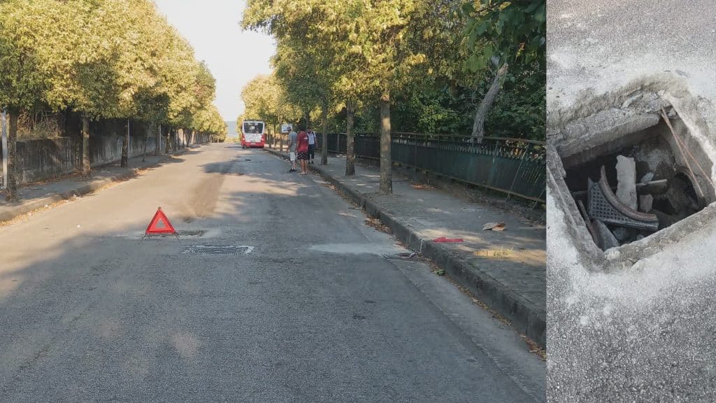 Salerno, cede tombino a Ogliara: pullman danneggiato e strada a rischio sicurezza