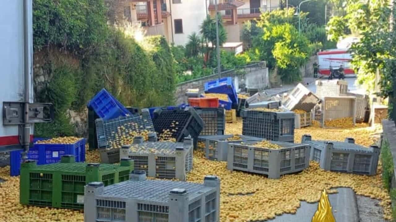 Mercogliano, carico di albicocche si riversa sulla strada: disagi al traffico e intervento dei Vigili del Fuoco