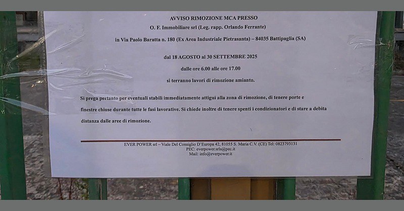 Battipaglia, stop ai lavori di rimozione amianto negli ex Pietrasanta dopo le proteste dei residenti