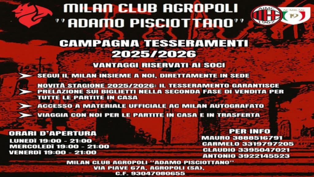 agropoli iscrizioni milan club adamo pisciottano