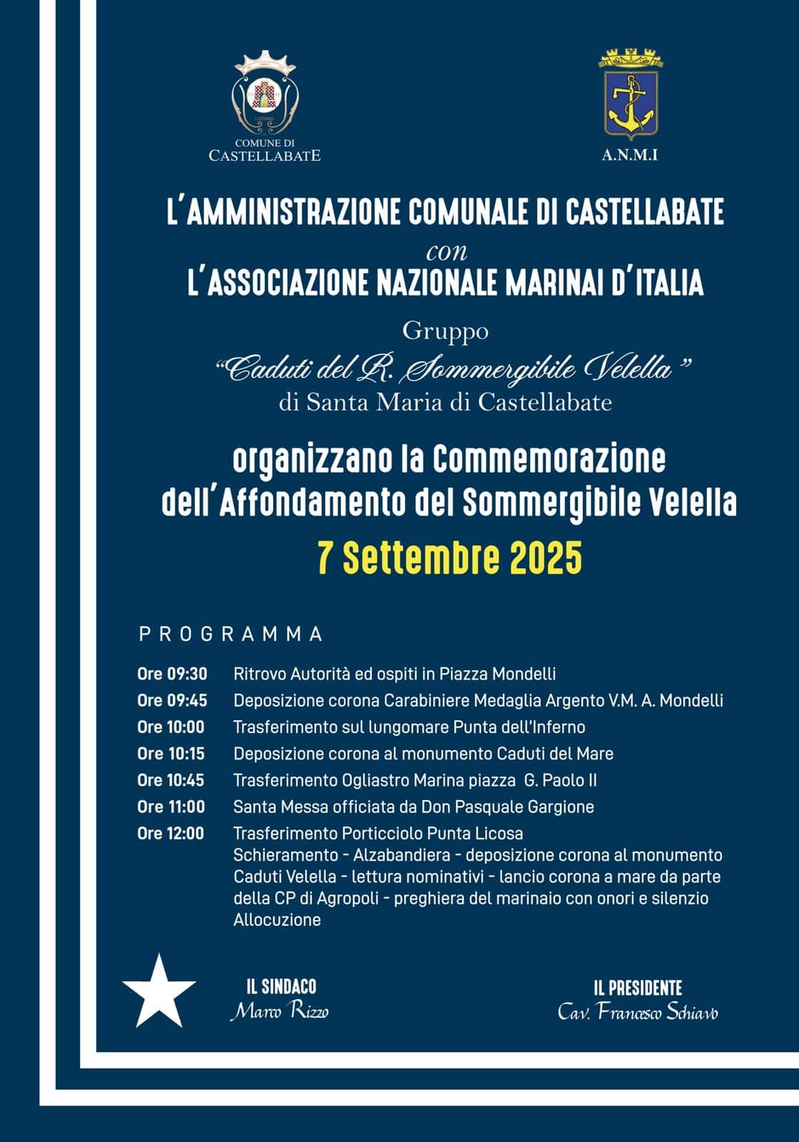 Il “Velella”, partito dal porto di Napoli il 7 settembre 1943, aveva l’ordine di contrastare le operazioni di sbarco delle forze alleate nel Golfo di Salerno. La missione si concluse tragicamente quando il sommergibile britannico “Shakespeare” lo colpì, determinandone l’affondamento e la perdita dell’intero equipaggio.

Il programma delle commemorazioni prenderà il via alle 9.30 in Piazza Mondelli, con il ritrovo delle autorità civili e militari e la deposizione di una corona al monumento dedicato al Carabiniere Medaglia d’Argento V.M.A. Mondelli. Successivamente, la cerimonia si sposterà sul lungomare Punta dell’Inferno, per onorare i Caduti del Mare con un’altra deposizione.

La giornata proseguirà a Ogliastro Marina con la celebrazione della Santa Messa presieduta da don Pasquale Gargione. Il momento più toccante sarà a Punta Licosa, dove, presso il porticciolo, si terranno l’alzabandiera, la lettura dei nomi dei caduti, il lancio della corona in mare da parte della Guardia Costiera di Agropoli e la preghiera del marinaio, accompagnata dal silenzio d’onore.

“Anche quest’anno – ha dichiarato il sindaco Marco Rizzo – la nostra comunità si ritrova per ricordare il sacrificio di questi giovani che hanno difeso con coraggio la Patria e le nostre coste. Una memoria che resta viva e condivisa, simbolo di valori che non dobbiamo mai dimenticare”.