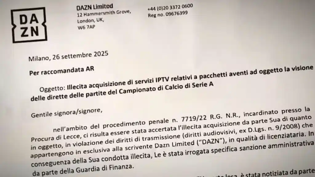 Pirateria IPTV, DAZN passa all’azione: lettere di risarcimento da 500 euro ai 2.000 utenti multati