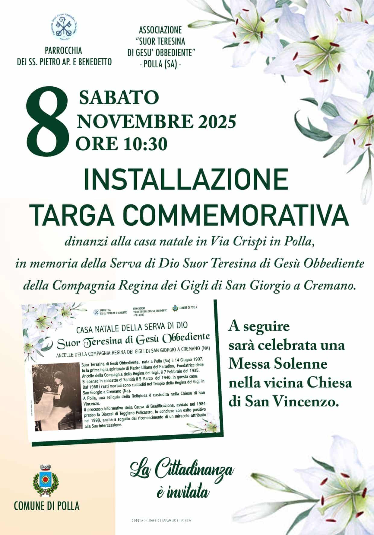 polla targa commemorativa suor teresina Gesù Obbediente